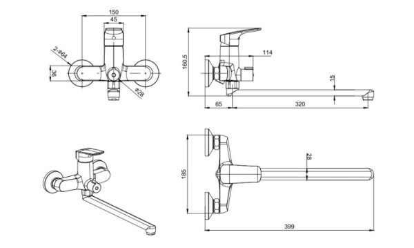 Комплект Aquatek Вега 2 в 1 смеситель для ванны (излив 320 мм)/душевой гарнитур, цвет хром, однорычажный, латунь/нержавеющая сталь