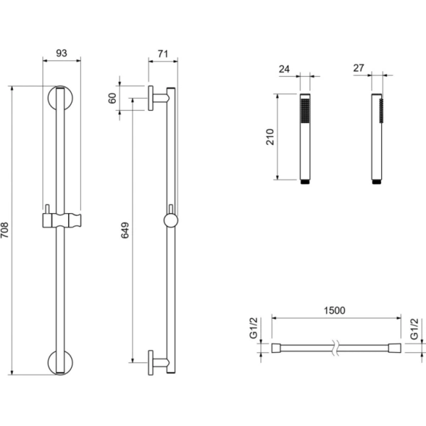 Душевой гарнитур Aquatek Европа наружного монтажа, высота 708 мм, цвет оружейная сталь, комплект: стойка/лейка/шланг, латунь/пластик