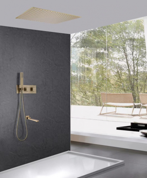 Душевая система ABBER Daheim, встраиваемая, цвет золото матовое, комплект: термостатический смеситель/излив/тропический душ (с верхней лейкой)/лейка/шланг, внутренний (скрытый) монтаж AF8254G