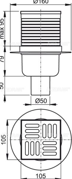 Сливной трап Alcaplast 105x105/50мм, прямой подвод, из нерж. стали. APV2