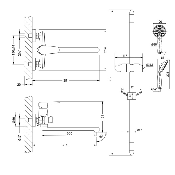 Смеситель для ванны/душа Lemark Point LM0351C + стойка душевая LM8063C, однорычажный, поворотный, длина излива 300 мм, керамический, латунь, цвет хром "2 в 1" 