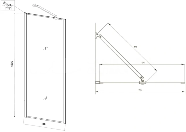 Душевая шторка на ванну Veconi Palau PL-85В, 60х150 см, прозрачное стекло/профиль черный, неподвижная, плоская/панель, правая/левая, правосторонняя/левосторонняя, универсальная