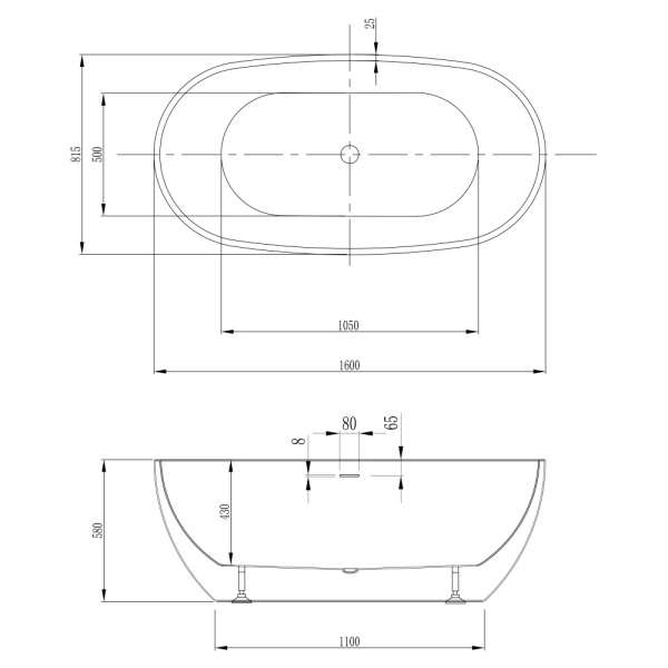 Ванна ABBER 160x81,5x58 см акриловая, цвет- белый, (без гидромассажа) овальная, отдельностоящая, правосторонняя/левосторонняя, универсальная AB9263-1.6