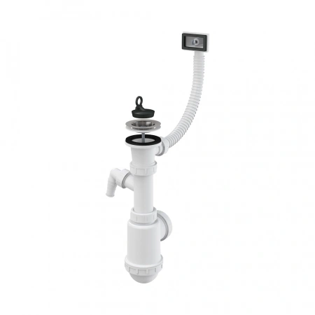 Сифон для мойки AlcaPlast A444P бутылочный 1 1/2"Х40/50 мм с нержавеющей решеткой 70 мм, c прямоугольным переливом, с отводом, полипропилен, белый A444P-DN50/40