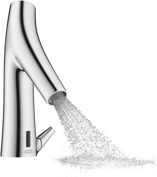 Смеситель для раковины AXOR Starck Organic, электронный, сенсорный, инфракрасный, фиксированный излив, длина 10,5 см, латунь, цвет хром, питание от батареек, с регулировкой температуры