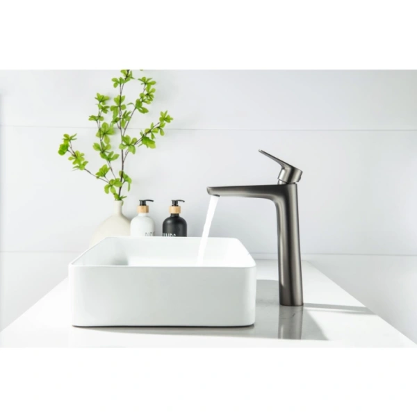 Смеситель для раковины/умывальника Aquatek Бетта однорычажный, неповоротный, фиксированный, высокий, излив длина 165 мм высота 229 мм латунь, цвет оружейная сталь 