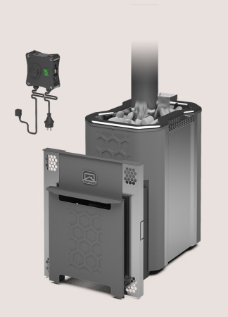 Печь газовая Эльма-12 ЛГ ТЕПЛОДАР 12м³, напольная, пристенная, с открытой каменкой, с выносной топкой из предбанника, вертикальная