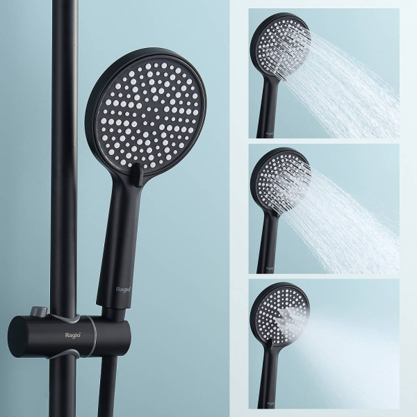Душевая система Raglo R20.26.06 с термостатом, высота 1130-1480 мм цвет черный, комплект: термостатический смеситель/излив/тропический душ круглый (с верхней лейкой)/лейка/стойка/шланг, латунь