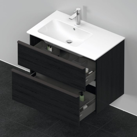 Тумба под раковину Duravit D-Neo, 81х46,2х62,5 см, подвесная, 2 выдвижных ящика, ДСП, цвет: дуб черный, шкафчик навесной, прямоугольная, правая/левая, для раковины ME by Starck # 234583, в ванную комнату
