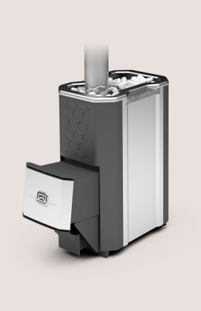 Печь Сибирь-20 Профи ЛК (2.0) ТЕПЛОДАР 20 м³, напольная, пристенная, цвет серый, с открытой каменкой, с выносной топкой из предбанника (из жаропрочной нерж стали) вертикальная, финская, масса камней 55 кг, на дровах/брикетах