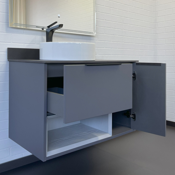 Тумба с раковиной Comforty Джанкой 90 90х67,2х50 см цвет антрацит с черной столешницей, подвесная, 1 распашная дверца/1 выдвижной ящик/открытая полка, ЛДСП/МДФ, прямоугольная/раковина Comforty 9111, круглая, белая, накладная