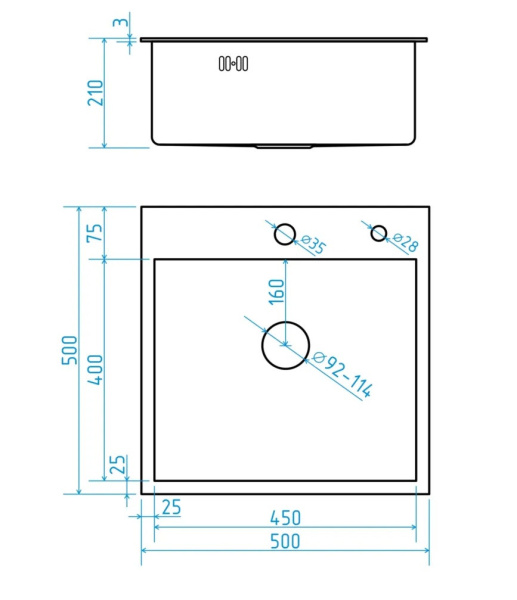 Мойка кухонная Siriusline, 50х50 см, врезная, нержавеющая сталь, квадратная, цвет: сатин, с отверстием под смеситель, в комплекте: коландер, дозатор, сифон SL5050