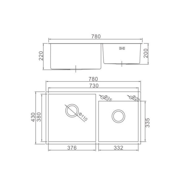 Мойка кухонная Aflorn Premium, две чаши, двойная, 78х43 см, врезная, нержавеющая сталь, прямоугольная, цвет: сатин, с отверстием под смеситель, слив-перелив есть, сифон в  комплекте AF97843-D