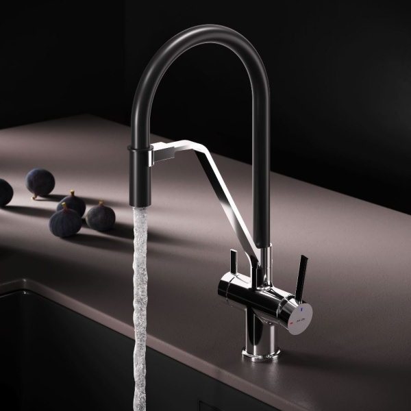 Смеситель для кухни/мойки AM.PM Func высокий, С-излив, гибкий, однорычажный, с каналом для питьевой воды, поворотный, керамический, длина излива 195 мм, нержавеющая сталь/цинк/латунь/силикон, цвет черный/хром