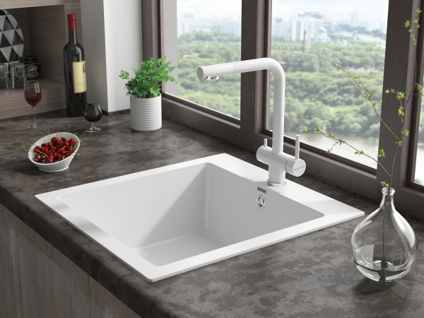 Смеситель для кухни/мойки Paulmark Skalen, с подключением к фильтру/биканальный, однорычажный, поворотный излив, керамический картридж, высокий, длина излива 225 мм, нержавеющая сталь, цвет белый матовый