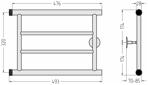 Полотенцесушитель Сунержа Стилье Минор 0600 320х500, 2 перекладины, водяной, боковое подключение