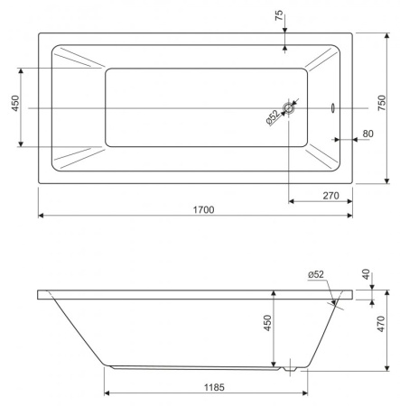Ванна Cezares Plane, акриловая 170х75, цвет- белая, (без гидромассажа, рамы, сифона, фронтальной панели) прямоугольная, пристенная, левая/правая, левосторонняя/правосторонняя, универсальная