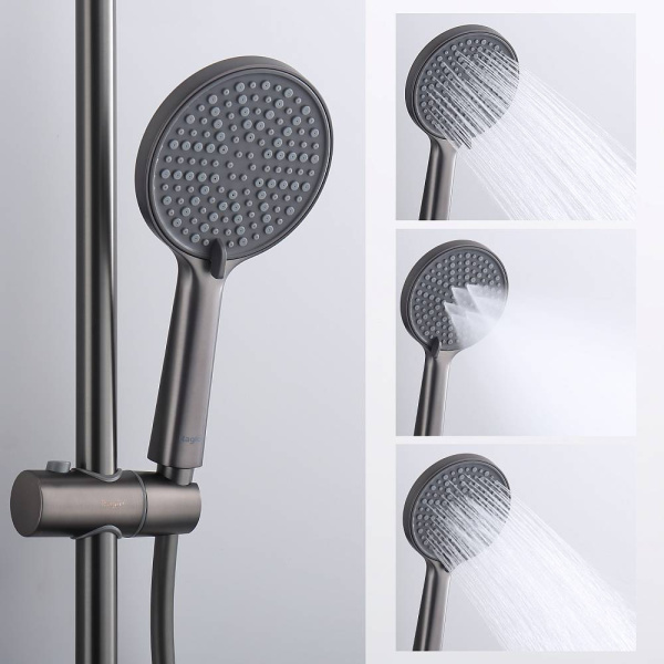 Душевая система Raglo R20.26.09 с термостатом, высота 1130-1480 мм цвет графит, комплект: термостатический смеситель/излив/тропический душ круглый (с верхней лейкой)/лейка/стойка/шланг, латунь