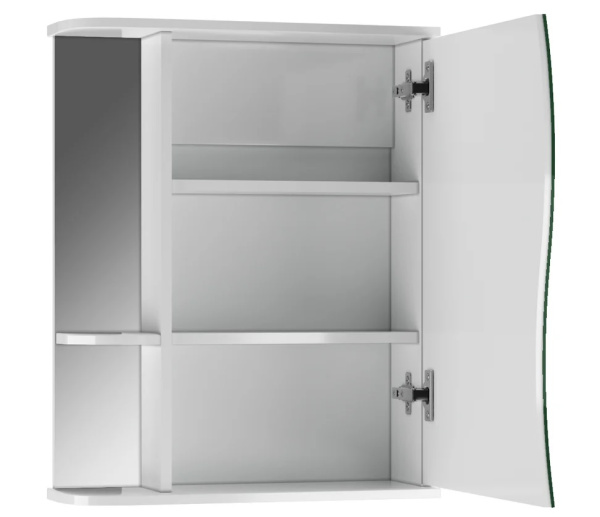 Зеркальный шкаф Домино Волна Айсберг 1-55, 566х157х700 мм, без подсветки, подвесной, цвет белый, зеркало, 1 распашная дверца/открытые полки, прямоугольный, правый, правосторонний