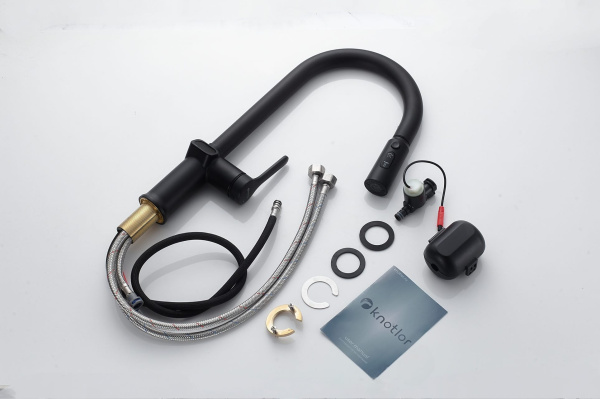 Смеситель для кухни/мойки Knotlor Inspiration, однорычажный, поворотный/выдвижной, с индикатором температуры, керамический, длина излива 175 мм, латунь, цвет матовый черный