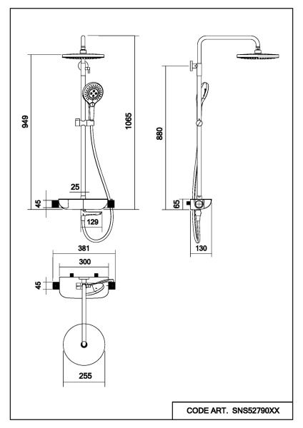 Душевая система Abelsberg Lineara с термостатом, высота 900−1300 мм цвет глянцевый хром, комплект: смеситель/полка для душа/излив/тропический душ округлый (с верхней лейкой)/лейка/стойка/шланг, латунь/ABS-пластик