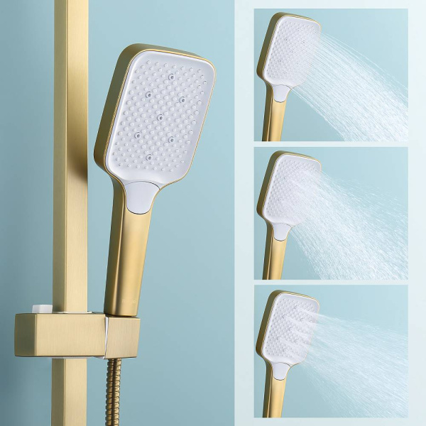 Душевая система Raglo R02.24.03 со смесителем, высота 1082-1650 мм цвет сатин золотой, комплект: однорычажный смеситель/излив/тропический душ прямоугольный (с верхней лейкой)/лейка/стойка/шланг, нержавеющая сталь/латунь