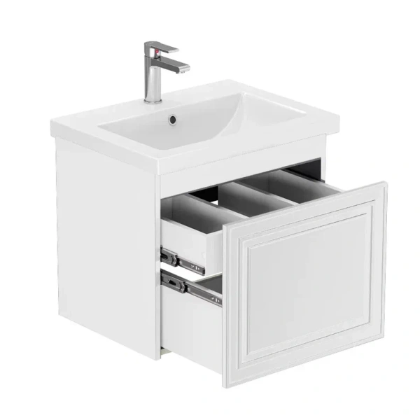 Тумба с раковиной GRADEONIKA Эллада, 56,5х43,3х50 см, подвесная, 2 выдвижных ящика (скрытый), МДФ, механизм push-to-open, прямоугольная, цвет бланж/умывальник COMO 60, прямоугольный, цвет белый 