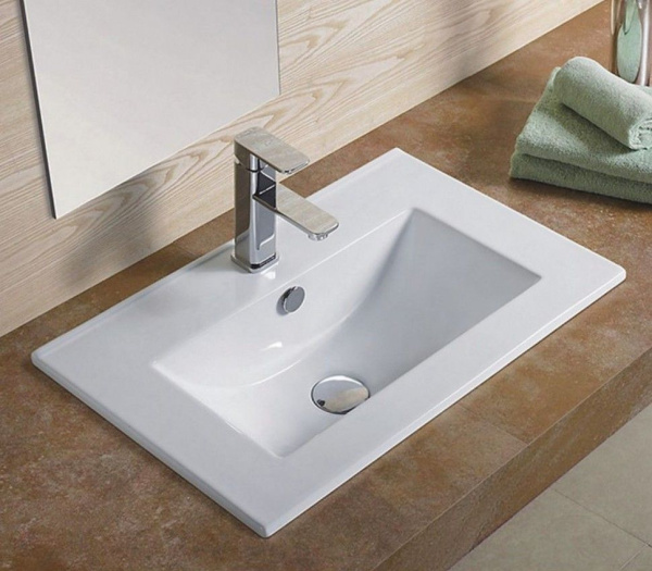 Раковина для ванной CeramaLux YJ-803-60 61х17х40 встраиваемая, прямоугольная, керамическая/фарфоровая, цвет белый, с отверстием под смеситель, слив-перелив