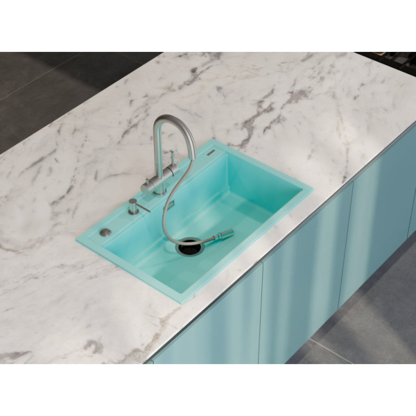 Мойка кухонная Omoikiri Kitagawa 79-LB-AZ, 51х79 см, врезная, из керамики (Artceramic), прямоугольная, цвет лазурно голубой, без отверстия под смеситель, без крыла, слив-перелив, врезная в столещницу, для кухни