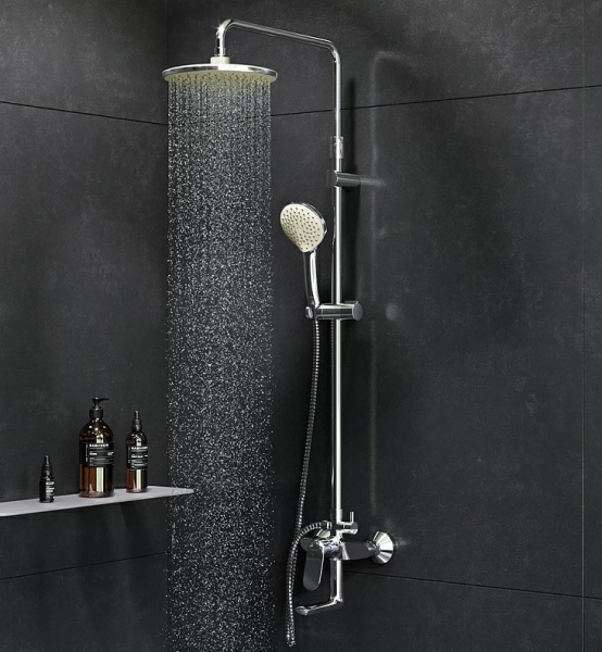 Душевая система AM.PM Sunny, наружного монтажа, высота 1656 мм, цвет хром, комплект: однорычажный смеситель с изливом/тропический душ (с верхней лейкой)/стойка/лейка/шланг, наружного монтажа