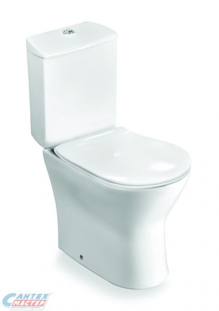 Унитаз компакт Roca Leon, БЕЛЫЙ, горизонтальный (прямой) выпуск, напольный, без сиденья, нижняя подводка воды, арматура ДВОЙНОЙ слив, чаша с бачком, АНТИВСПЛЕСК