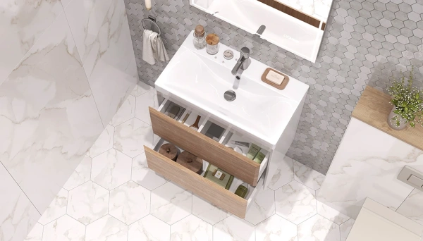 Тумба под раковину Velvex Gesso 700-0-2, 694х387х592 мм подвесная, цвет белый матовый/дуб сонома, 2 выдвижных ящика, подходит раковина 9696-70, универсальная, в ванную комнату