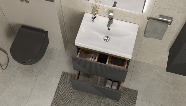 Тумба под раковину Velvex Edge 600-0-2, 596х393х796 мм напольная, цвет графит, 2 выдвижных ящика, подходит раковина 9696-60, универсальная, в ванную комнату