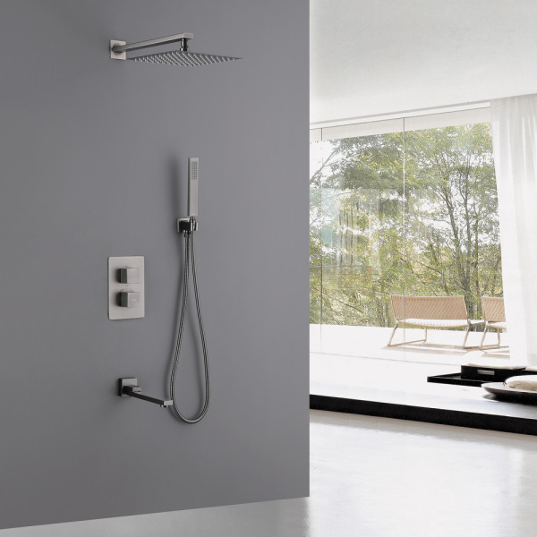 Душевая система ABBER Daheim, встраиваемая, цвет никель, комплект: смеситель термостатический/излив/тропический душ (с верхней лейкой)/лейка/шланг, внутренний (скрытый) монтаж