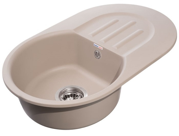 Мойка GranFest SMART 685L, 68,1х43,3 см, врезная, мраморная, овальная, цвет песочный, без отверстия под смеситель, слив-перелив, с крылом, оборачиваемая, для кухни
