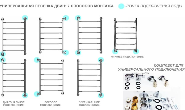 Полотенцесушитель Двин 100/60 1"-1/2" К1, водяной универсальное подключение, нержавеющая сталь, настенный, форма лесенка, цвет хром полированный