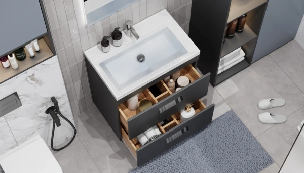 Тумба под раковину Velvex Orlando 700-0-2, 697х445х799 мм напольная, цвет графит, 2 выдвижных ящика, подходит раковина Madera Classica rkCla.70-81, универсальная, в ванную комнату