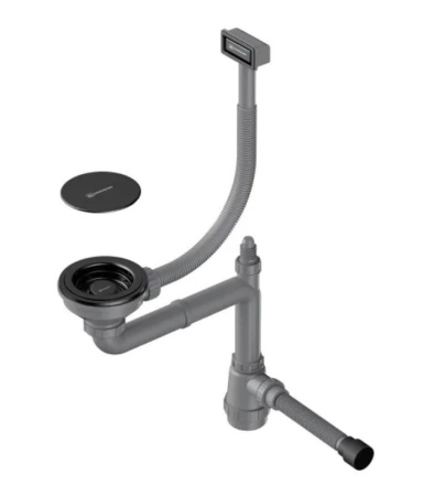 Сифон Omoikiri WK-1C-GB, для одночашевых кухоных моек, прямоугольный перелив, цвет: графит, с переливом, гидрозатвор/мокрый затвор