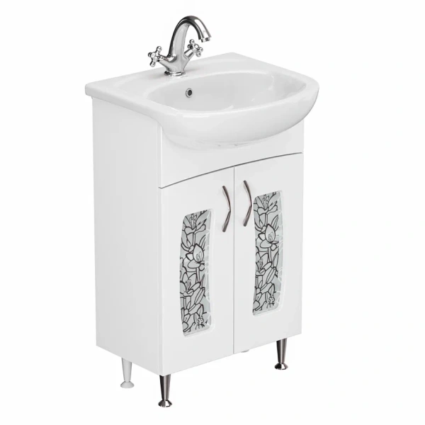 Тумба с раковиной GRADEONIKA Муза 50, 48,2х28,6х69,5 см, напольная, 2 распашные дверцы, вставка матовое стекло с орнаментом лотос, МДФ/стекло, прямоугольная, цвет белый, прямоугольная 51841