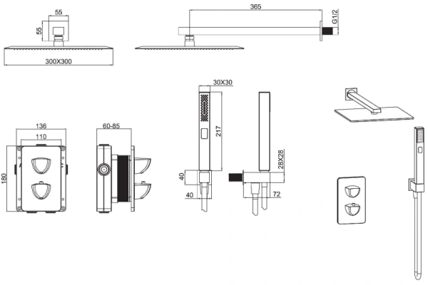 Душевая система Allen Brau Infinity V.2 встраиваемая, скрытого монтажа, цвет черный матовый, комплект: термостатный смеситель/тропический душ (с верхней лейкой)/лейка/держатель лейки/шланг