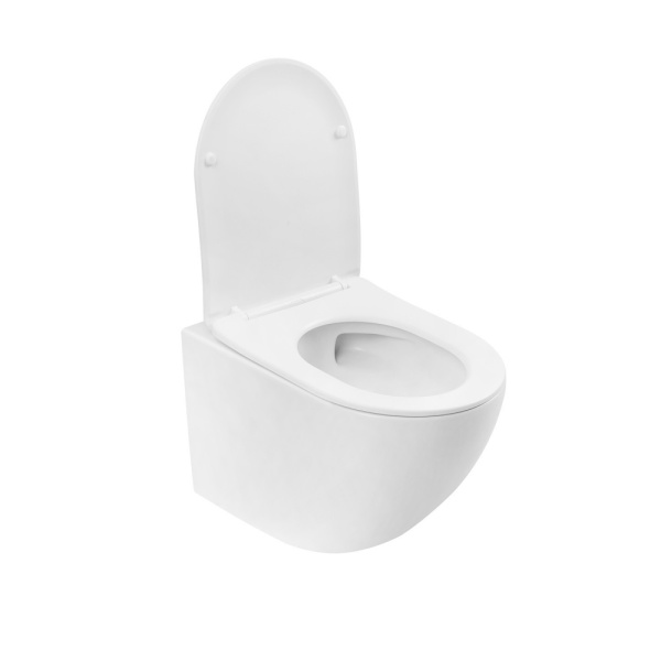 Унитаз подвесной ABBER Bequem 490х355х360 мм цвет белый матовый, горизонтальный (прямой) выпуск, система антивсплеск, смыв торнадо, безободковый, с сиденьем микролифт, дюропласт, под скрытый бачок AC1100TMW