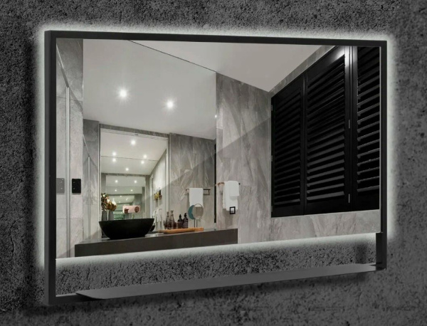 Зеркало Armadi Art Vallessi с подсветкой 100х80 см алюминий, МДФ, цвет: антрацит, прямоугольное, с полочкой, горизонтальное, с подсветкой LED (ЛЭД) по периметру, сенсорный выключатель