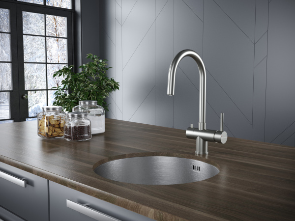 Смеситель для кухни/мойки Paulmark Heller, с подключением к фильтру/биканальный, однорычажный, поворотный излив, керамический картридж, высокий, длина излива 219 мм, нержавеющая сталь, цвет нержавеющая сталь