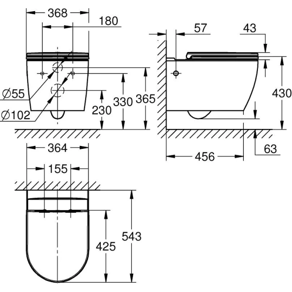 Унитаз подвесной Grohe Bau Ceramic безободковый, белый, 364х430х543 мм с быстросъемным сиденьем c плавным закрытием дюропласт, горизонтальный (прямой, в стену) выпуск 103860SH00