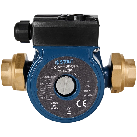 Насос циркуляционный Stout 25/40-130 D25 мм, L130 мм, 3,6 м³/ч, напор 4 м, 10 бар, 74 Вт, 220/240V 50Hz с латунными гайками, для систем отопления частных домов, квартир