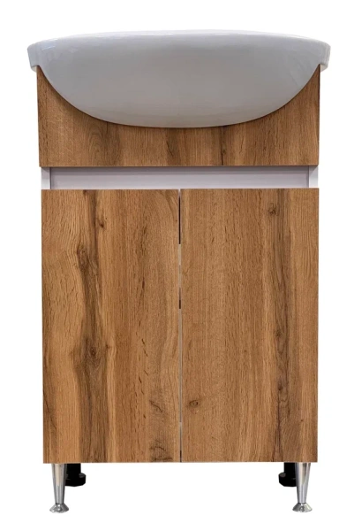 Тумба с раковиной GRADEONIKA Леда 55, 48,8х30,1х69,5 см, напольная, 2 распашные дверцы, ЛДСП, прямоугольная, цвет дуб вотан/белый, с доводчиками 51827