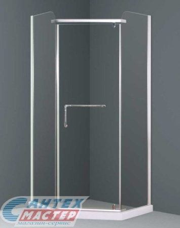 Душевой уголок Oporto  90х90х190 см, без поддона, полукруглый, пятиугольный, без крыши, одна распашная дверь, прозрачное стекло, стеклянный, пластиковый, хромированный профиль, без антискольжения, комплект, угловой, четверть круга, для душа, ванной