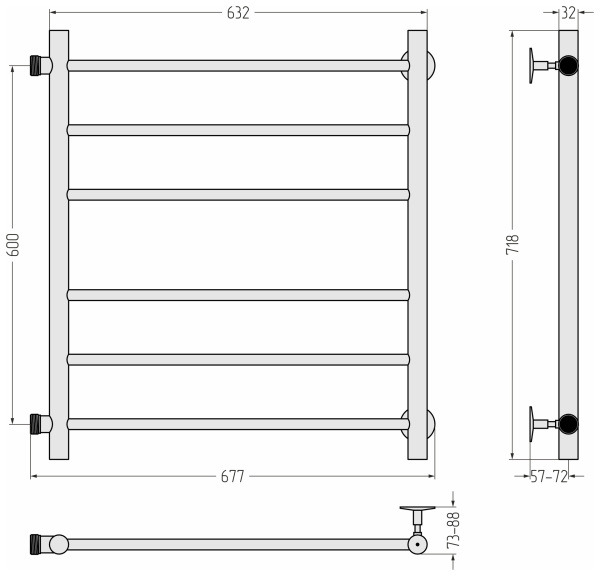 Полотенцесушитель Сунержа Стилье Версия-Б 600х600, 6 (3+3) перекладин, водяной, боковое подключение