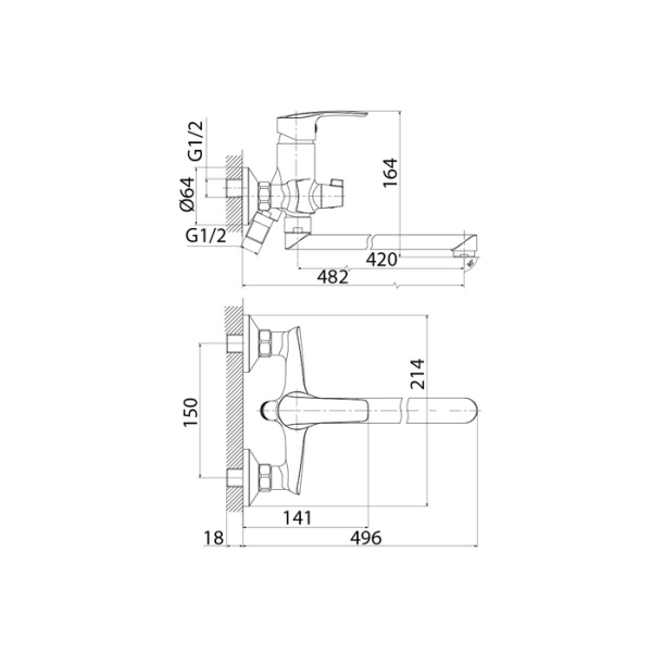 Смеситель для ванны/душа IDDIS Ray, однорычажный, настенный, поворотный, керамический картридж, длина излива 400 мм, латунь, цвет хром