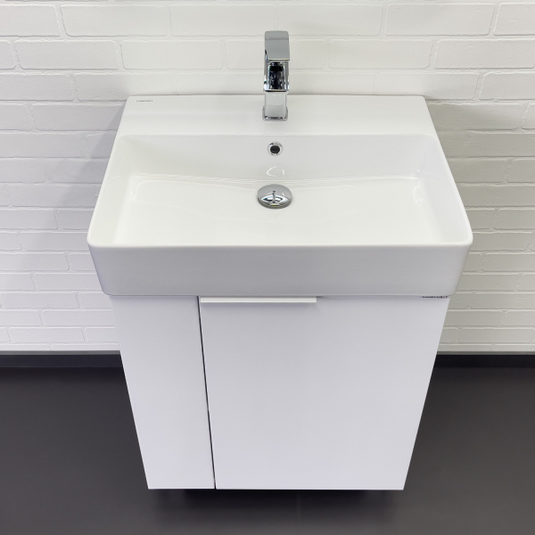 Тумба с раковиной Comforty Асти-60Н размер 60х86х45,5 см напольная, 1 распашная дверца, ЛДСП/МДФ, прямоугольная, цвет- белый глянец/раковина Comforty CF3WL032 прямоугольная, цвет белый, встраиваемая